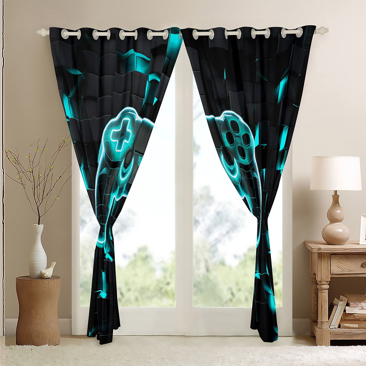 Gamer Curtains for Boys Gaming Themed Decor Blackout Curtains,Geometry Honeycomb Print Bedroom Curtains Modern Abstract Plaid Window Curtains,2 Panels 42"Wx84"L