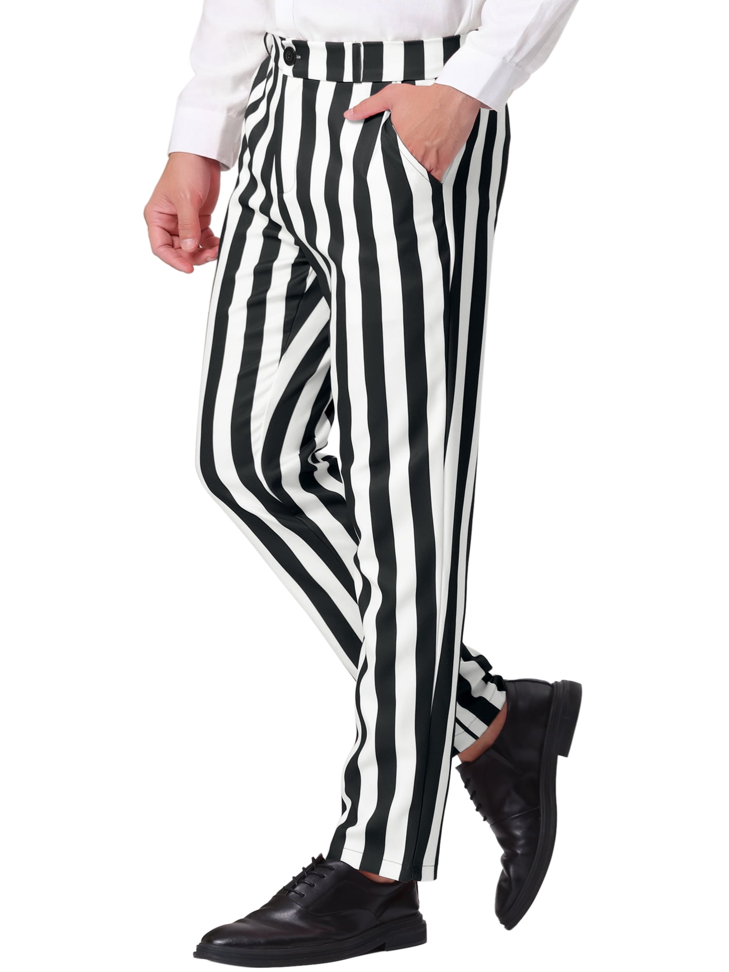 Unique Bargains Men's Striped Pant Classic Fit Flat Front Business Trousers 30 Black White