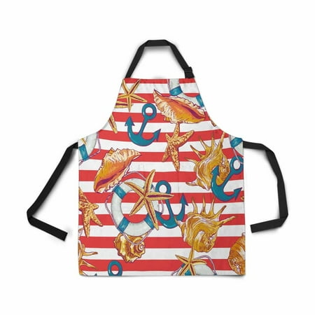 

ASHLEIGH Adjustable Bib Apron for Women Men Girls Chef with Pockets Summer Sea Shell Anchor Lifeline Red Striped Novelty Kitchen Apron for Cooking Baking Gardening Pet Grooming Cleaning