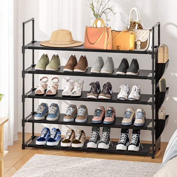 5-Tier Shoe Rack, Metal Shoe Organizer with Hook, 40" x 12" x 37", Holds up to 30 Pairs for Entryway or Closet, Black