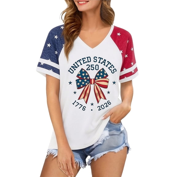 Wxolcjlv Womens 250 Anniversary USA T-Shirt Bow Graphic V-Neck T-Shirt America 250 Tee for Ladies