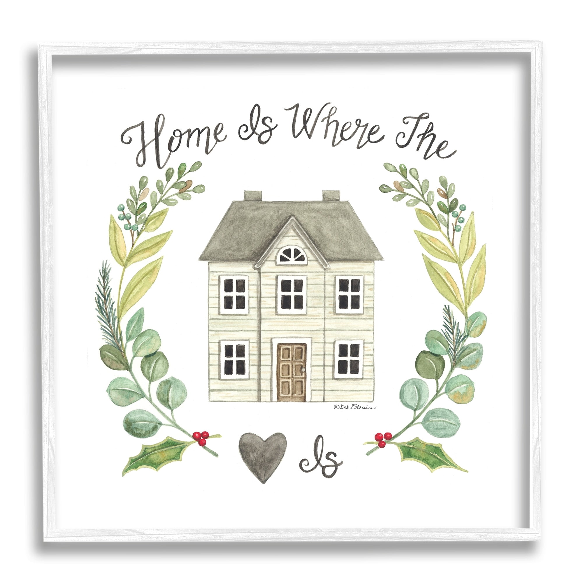 Stupell Industries Home Where Heart Is Botanical Leaf Laurel Border Graphic Art White Framed Art Print Wall Art, Design by Deb Strain