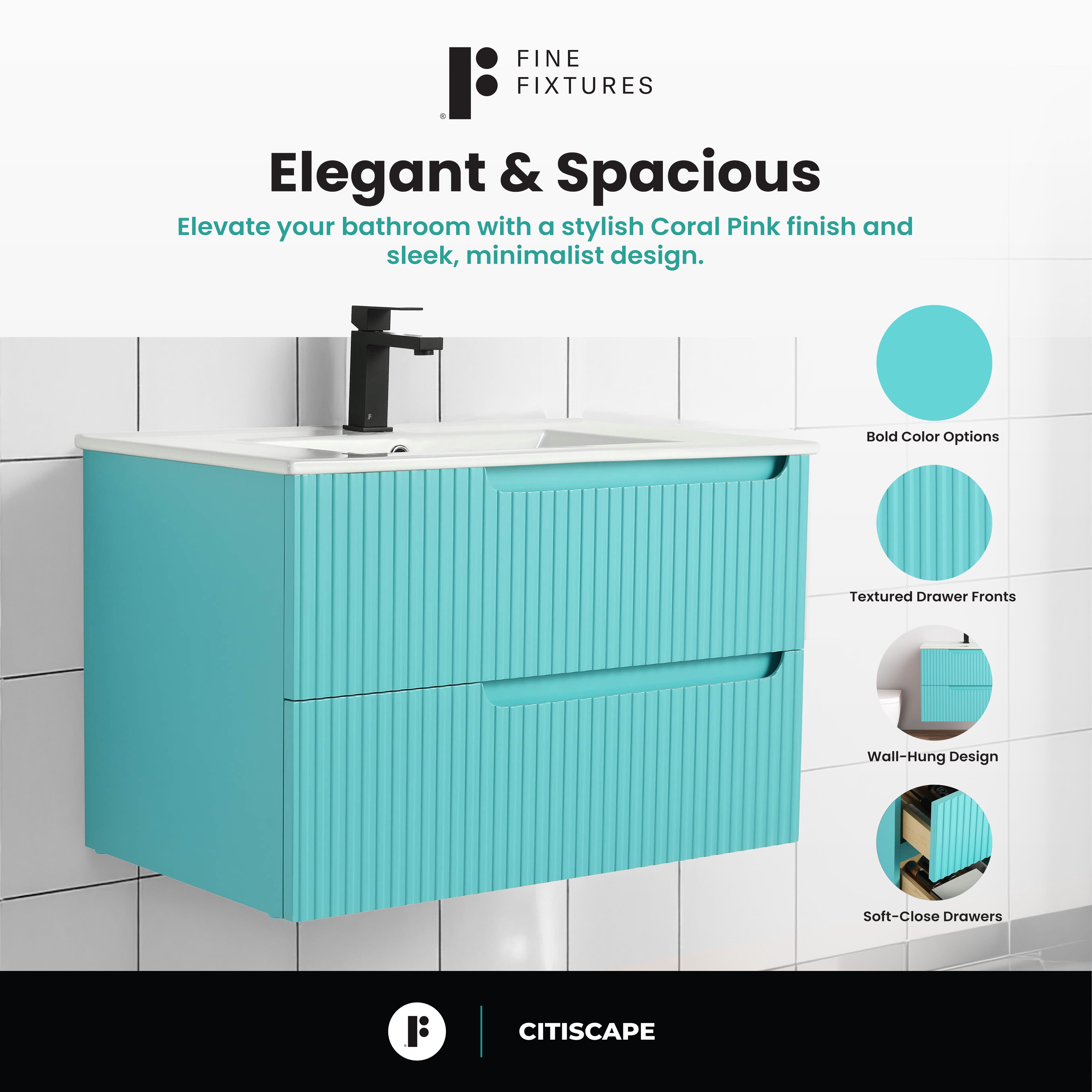 Citiscape Modern Bathroom Vanity with Textured Drawer Fronts 30" Wide - Tiffany Blue - Sink Included