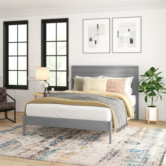 Taylor & Logan Solid Wood Platform Bed with Headboard and Wooden Slats Gray - Queen