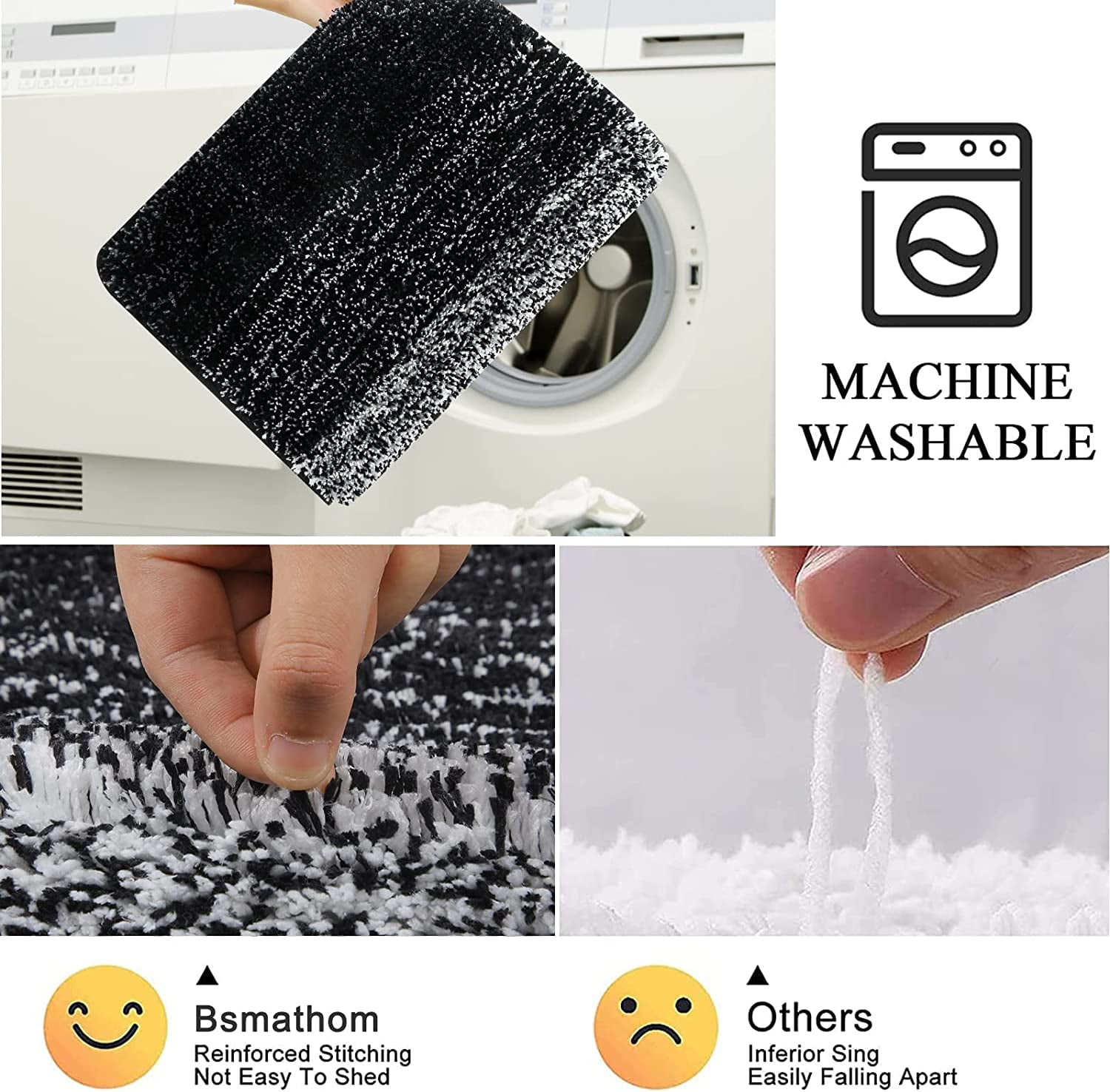 Bathroom Rugs, Yamaziot Bath Mat Set of 3, Absorbent Microfiber Bath Rug, Non-Slip Shaggy Ultra Soft Bathroom Mat with U Shaped Contour Toilet Mat for Tub Front, Shower Floor, Black