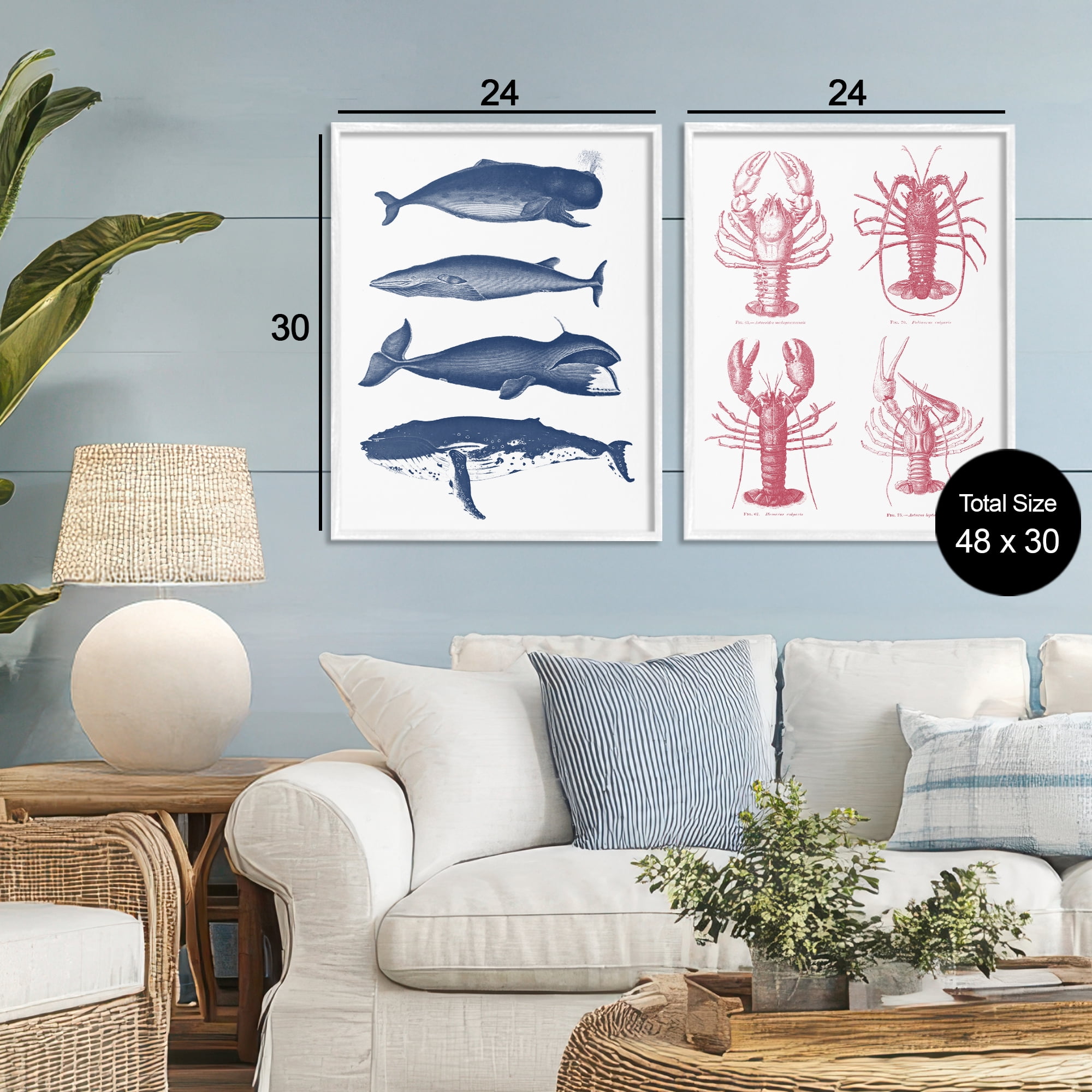 Marine Whales & Lobsters 2 Piece White Framed Giclee Art Set, design by Lettered and Lined