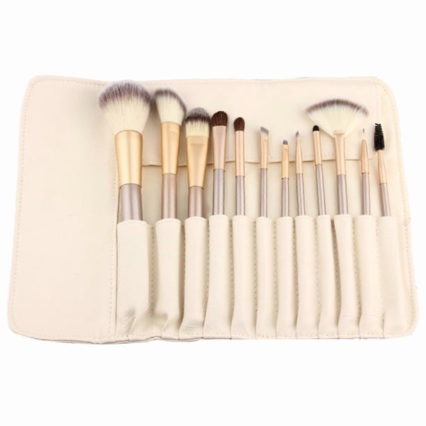 12 Piece Makeup Brushes Set | Horse Hair Professional Kabuki Makeup Brush Set Cosmetics Foundation Makeup Brushes Set Kits with White Cream-colored Ca