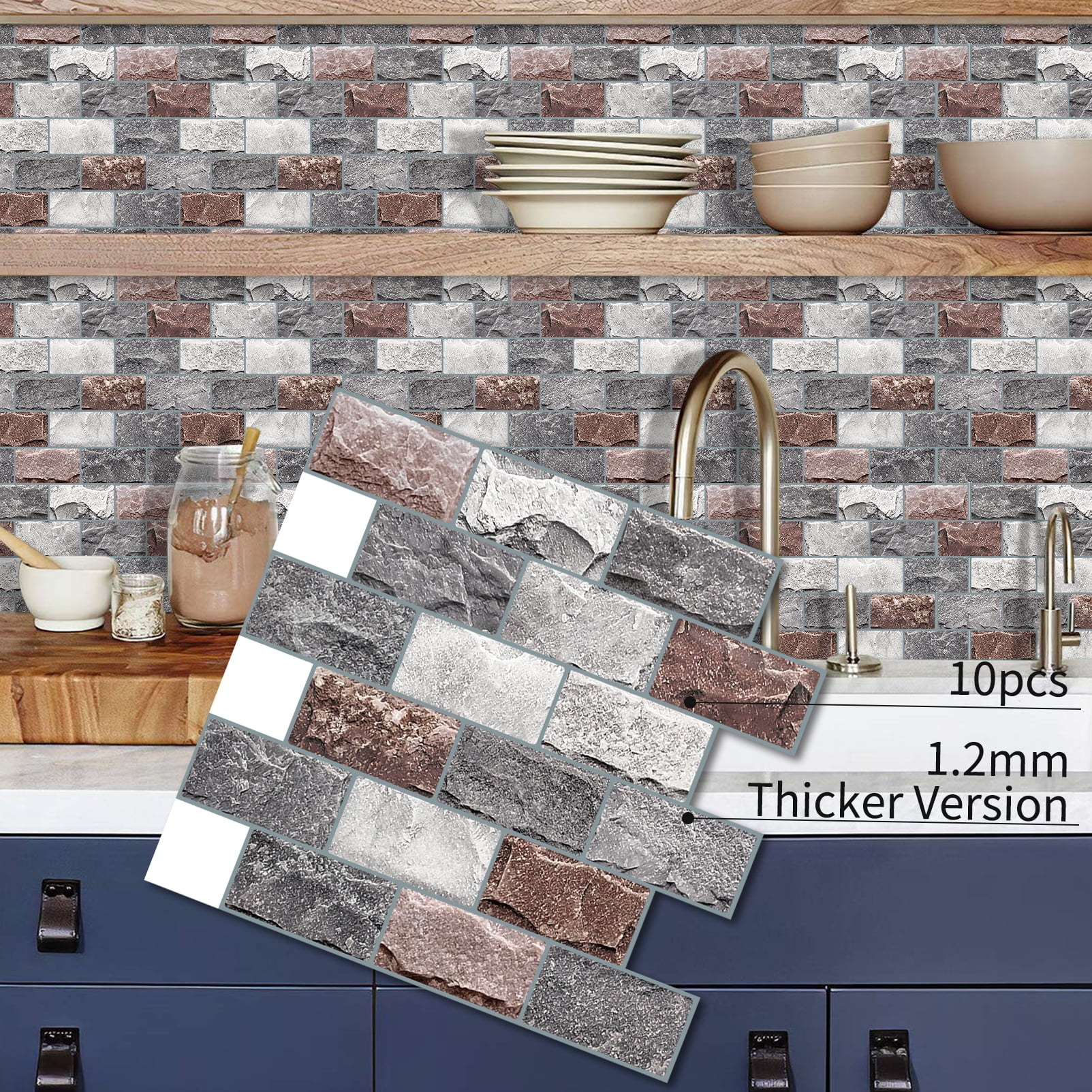DEWOO 10 Sheets Peel and Stick Tile Backsplash for Kitchen Wall Tile, Self Adhesive Brick Backsplash Subway Tiles Backsplash, Stick on Tiles Kitchen Backsplash(Gray Brown,10.6"x10")