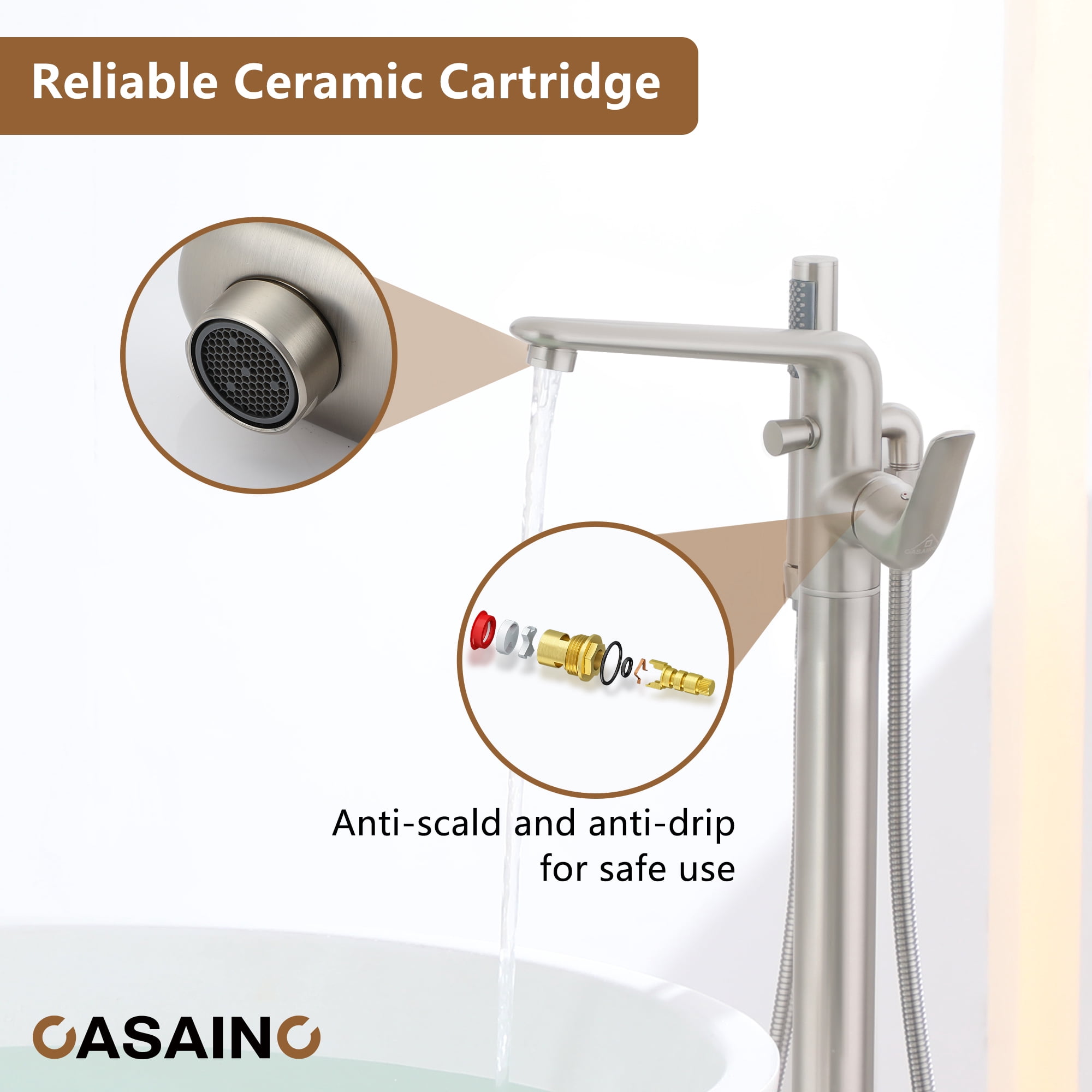 CASAINC Single-Handle Modern Floor Mount Freestanding Bathtub Faucet with Handheld Shower in Brushed Nickel