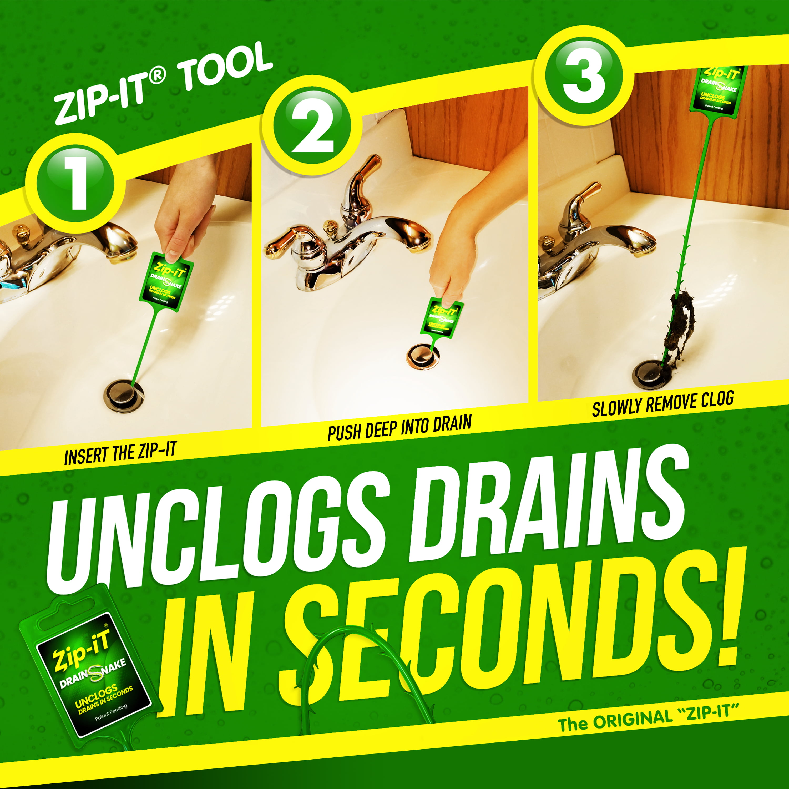 ZIP IT DRAIN CLEANER, 1-Pack Plastic Drain Stick Hair Clog Remover, drain  snake, Made in the USA 