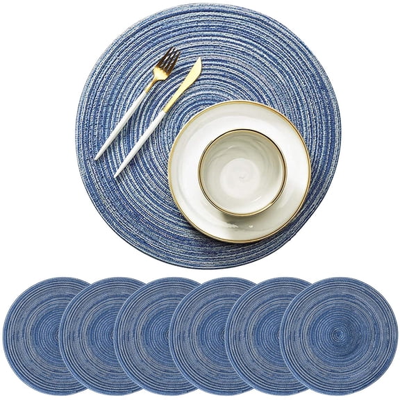 Blue 15-Inch Round Placemats Set of 6, Farmhouse Boho Linen Braided Placemats for Dining Table Decor, Washable Rustic Blue Outdoor Table Mats