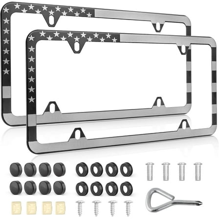 2x American Flag License Plate Frame Patriotic,Stainless Steel Bracket, Front Rear Auto Tag Holder