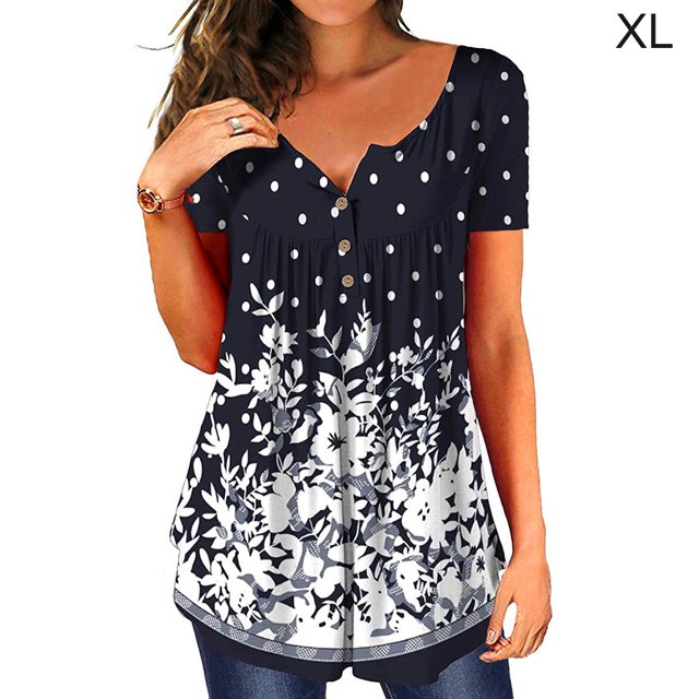 Camiseta Mujer Blusa Casual Cuello En V Manga Corta Botón Top, Negro Blanco, XL Yuarrent AP001374-09