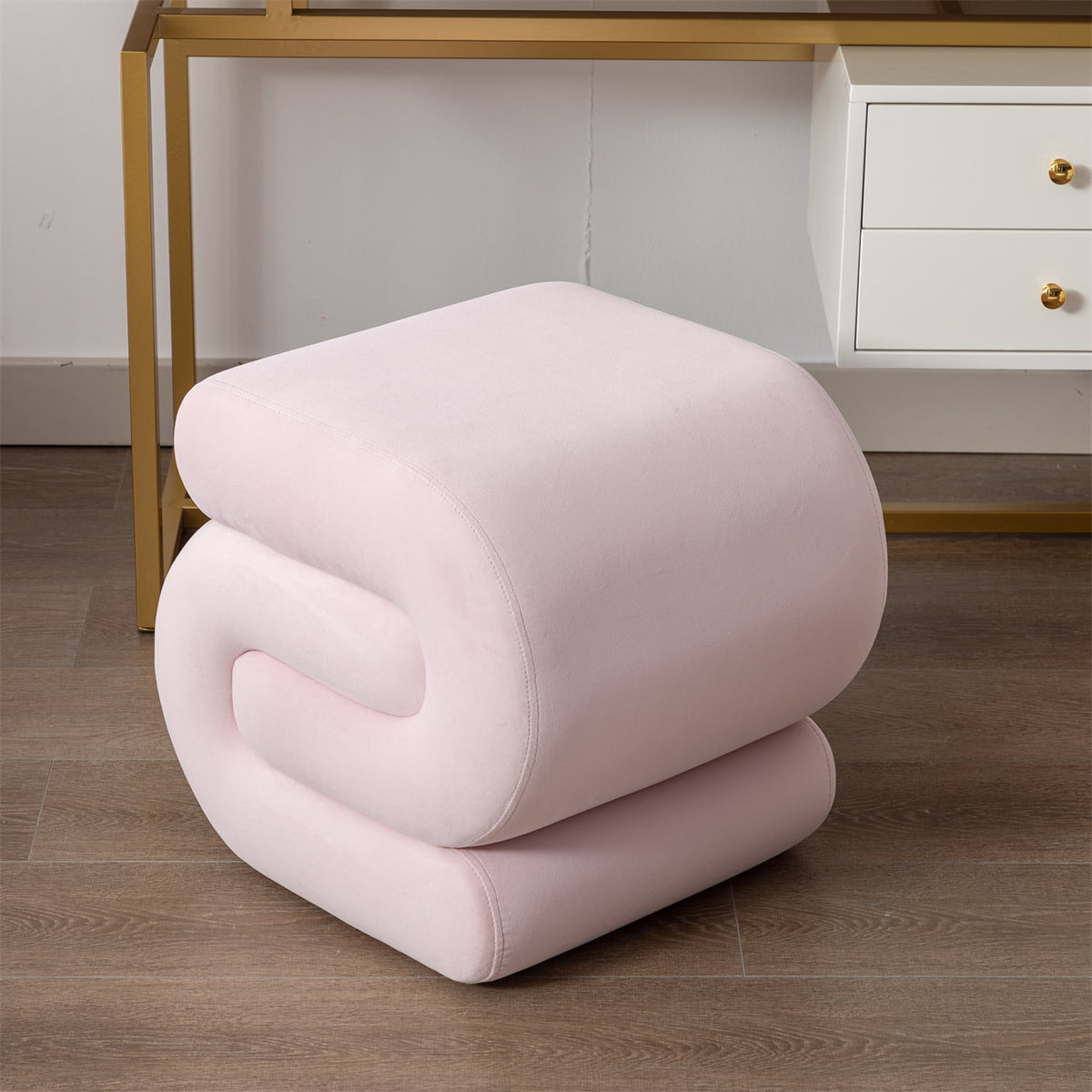 Sherpa Ottoman Stool, Modern S-Shaped Boucle Vanity Stool Pouf Ottoman Seat,  Decorative Floor Chair Foot Stool for Makeup Room, Bedroom, Living Room