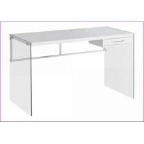 Desks, Modern Home Office Computer Desk with Storage Drawer, 48"L, Glossy White Laminate Clear Tempered Glass | White | Particle Board