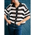 thumbnail image 2 of Women Summer Striped Crochet Cardigan Sweater Half Sleeve Button Up Top, 2 of 5