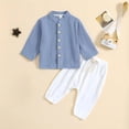 thumbnail image 2 of Comdrip Boys Linen Set Children's Color Front Strap Two Piece Set Baby Pure Cotton Shirt Long Sleeved Pants Solid Color Set Toddler Boy Linen Pants Blue 80, 2 of 7