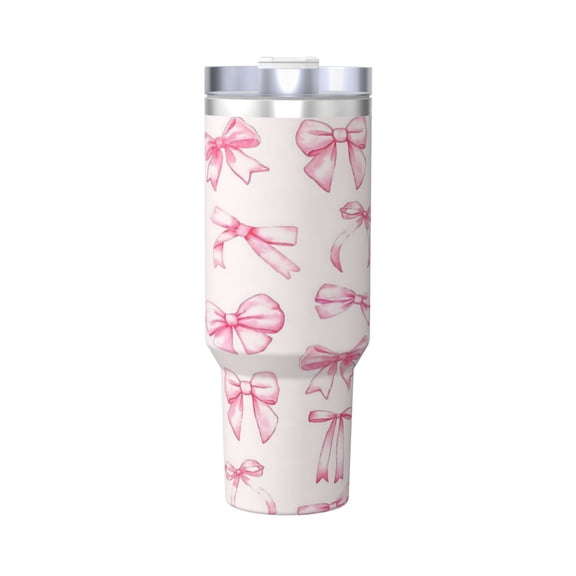 Pink Bow Cup Insulated Tumbler Stainless Steel Vacuum Travel Mug 40 oz with Handle and Straw Lid