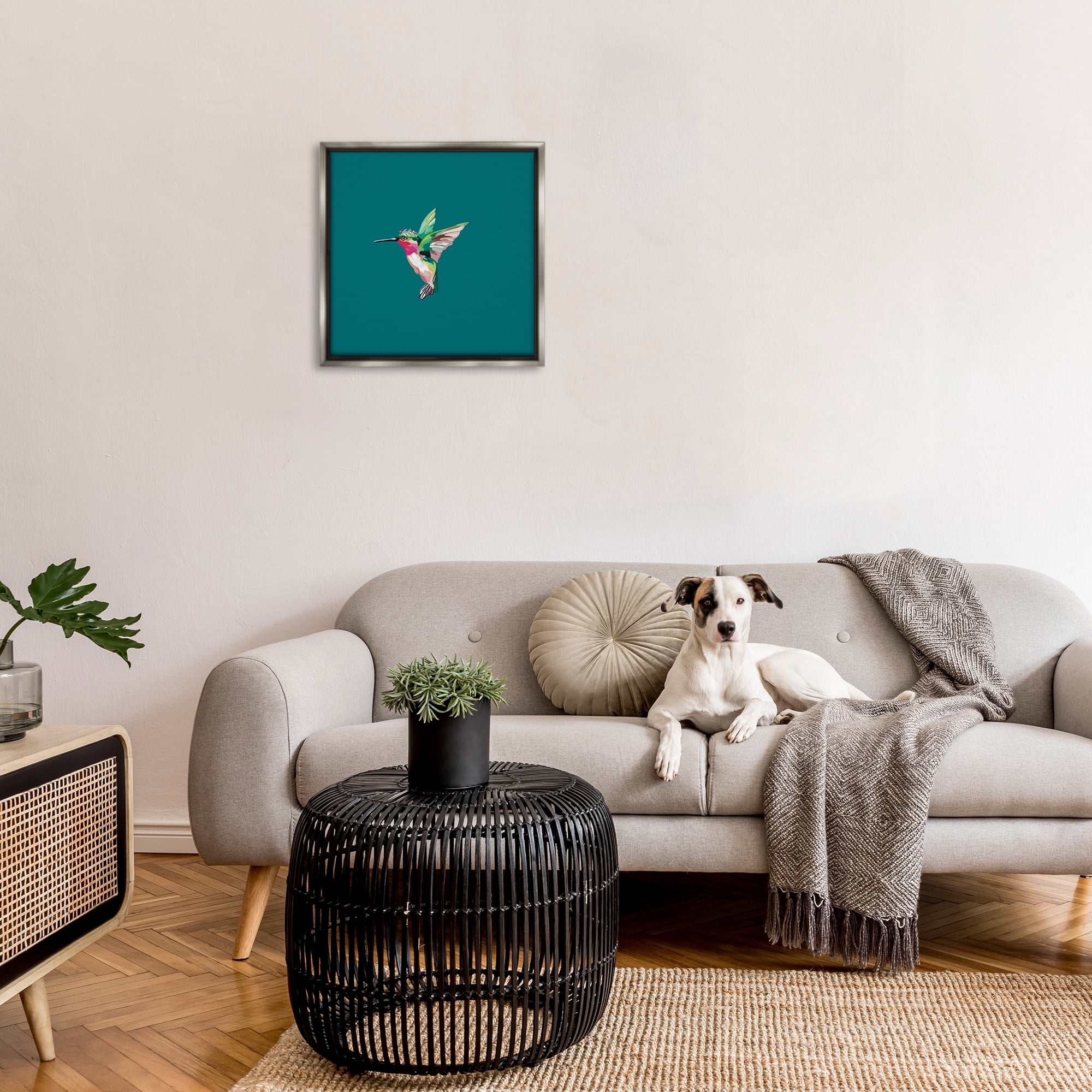 Stupell Industries Hummingbird with Crown Animals & Insects Painting Gray Floater Framed Canvas Art Print Wall Art, 25 x 25