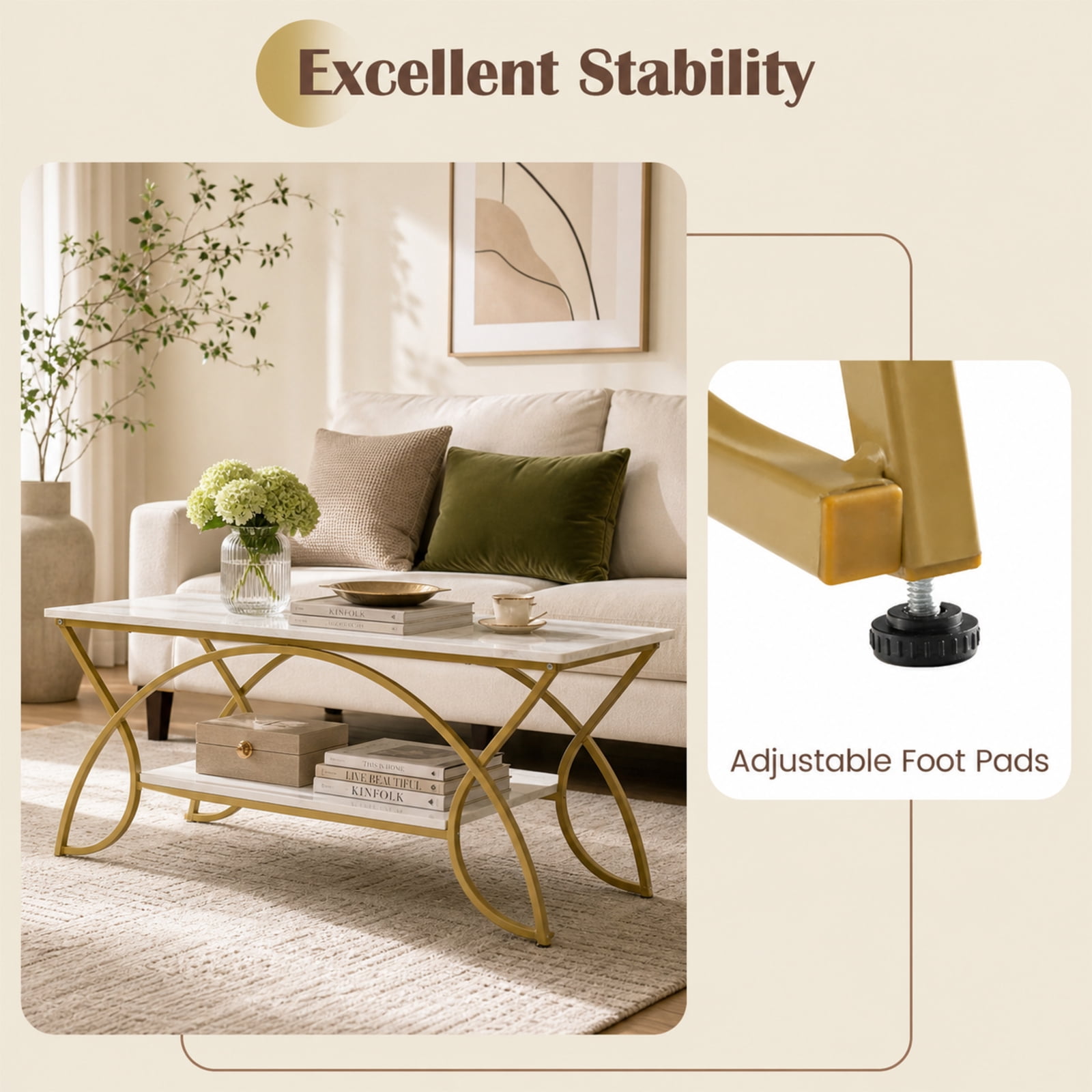 Furnibear 2-Tier Coffee Table Gold Rectangle for Living Room for Living Room Home Office Apartment Sofa Couch Center, White
