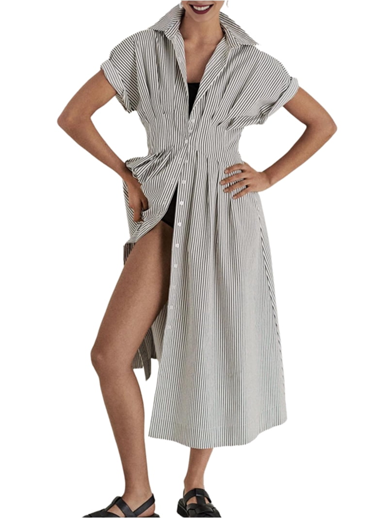Striped Button Pleated Shirt Maxi Dress for Women Short Sleeve Collar V Neck Corset Long Dress Black & White XXXL