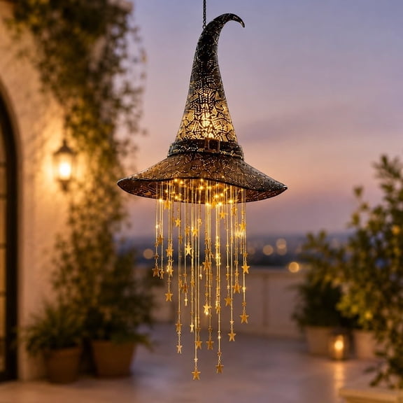 Lighted Witch Hat Hanging Chime, Halloween Outdoor Ornament, Glowing Mesh Cascading Stars, Black Frame Decoration, Party Decor, Flying, LED Lighted Window Tree Displays