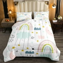 Erosebridal Kawaii Rainbow Bedding Set Cute Rainbow Comforter Sets Full Size,Cartoon Doodles Stars Moon Pattern Bedding Quilt Hand Drawn Iridescent Print Comforters 2 Pillow Cases