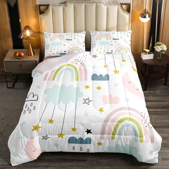 Erosebridal Kawaii Rainbow Bedding Set Cute Rainbow Comforter Sets Full Size,Cartoon Doodles Stars Moon Pattern Bedding Quilt Hand Drawn Iridescent Print Comforters 2 Pillow Cases
