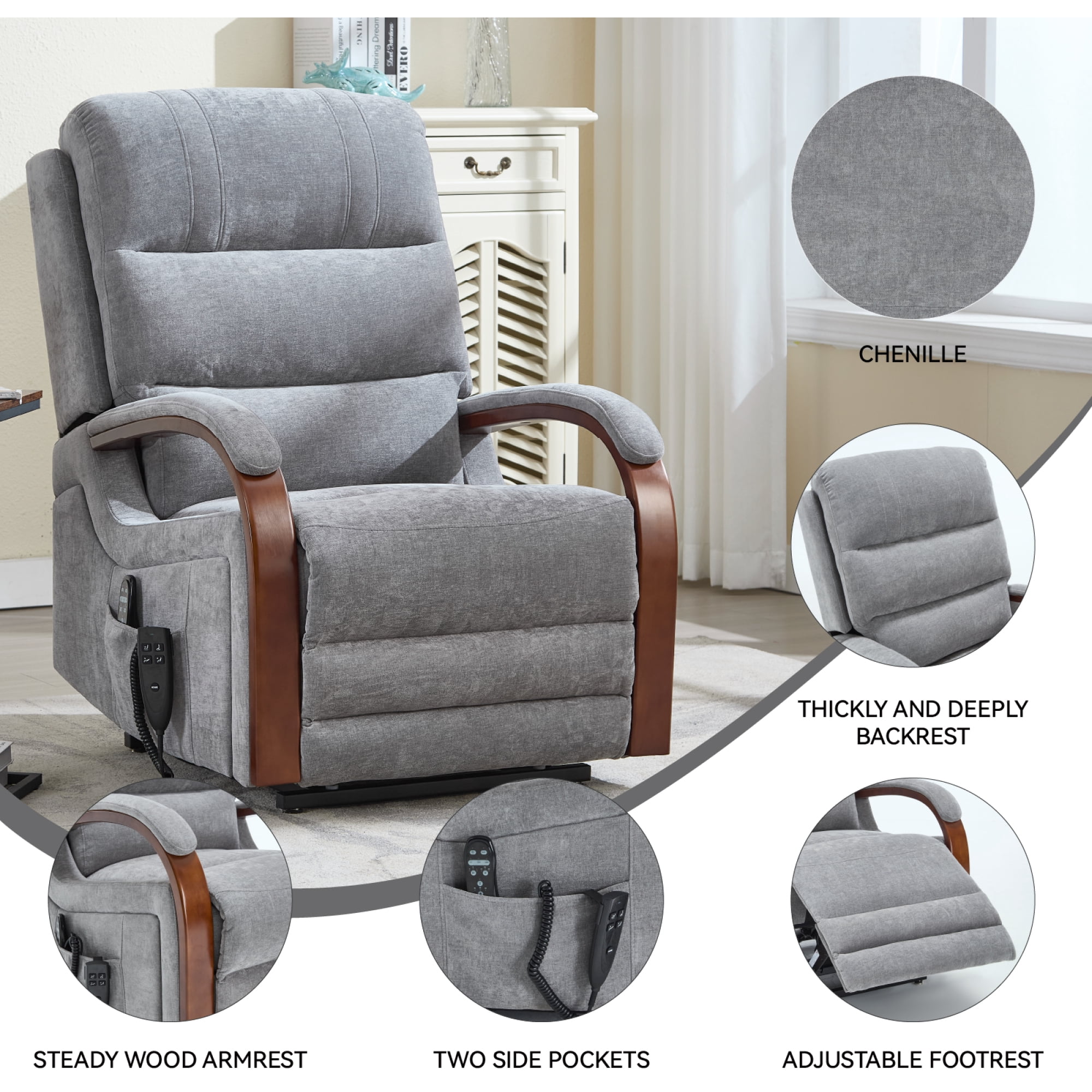 Leumius Power Lift Recliner Chair for Elderly with Heat and Massage,Lift Chair with Solid Wood Armrests for Living Room,Gray