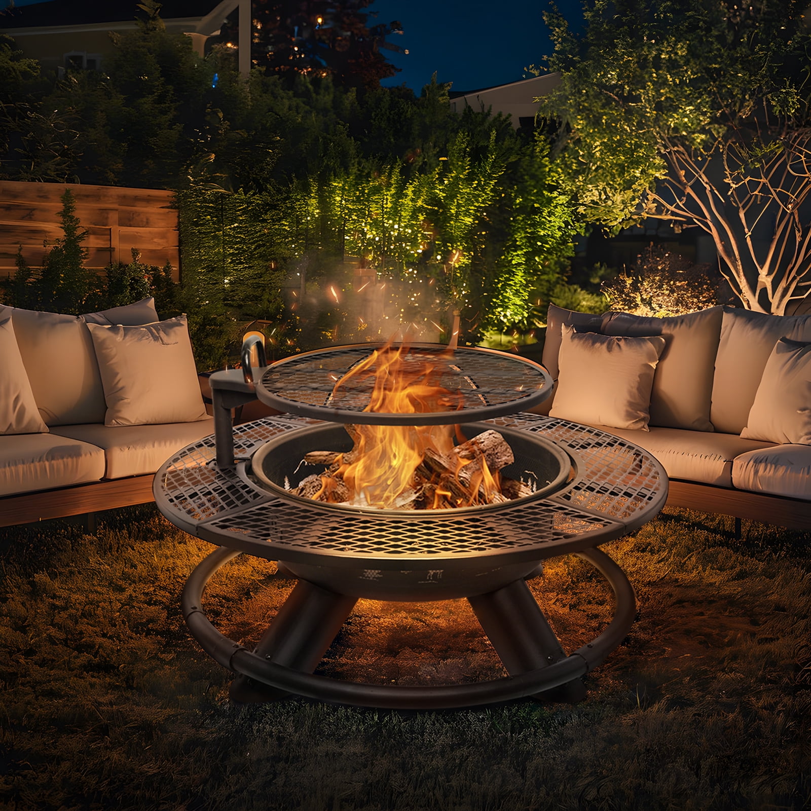 Bestier 47" Fire Pit for Outside Wood Burning, Extra Large BBQ Pit with Cooking Grill Grate, Patio Round Metal Fireplace for Camping, Backyard, Bonfire Picnic Party, Forest Style