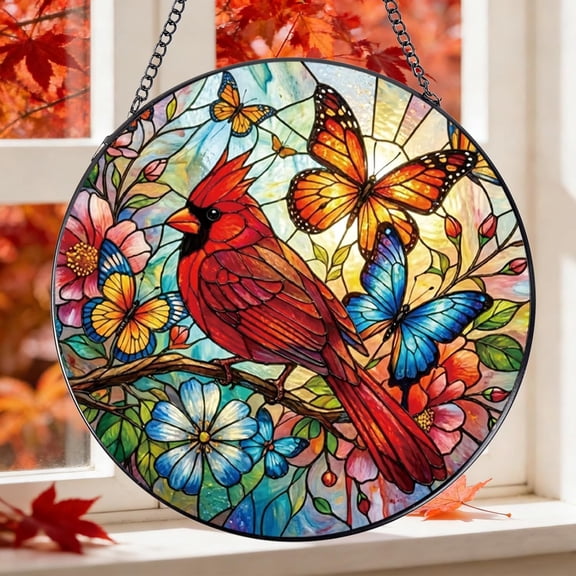 Cardinal Stained Glass Suncatcher, Red Bird Butterfly Floral Window Hanging, Nature Home Decor Gift (3.94")