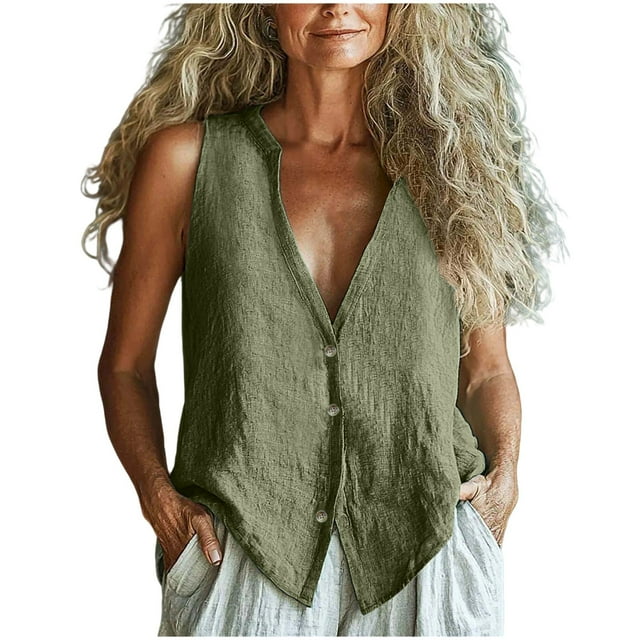 WZXFASHION Débardeur Femme Sans Manches en Coton Lin Doublé Col en V Profond Veste Décontractée Gilet 50 % de Réduction Liquidation Débardeurs & Camisoles Femme
