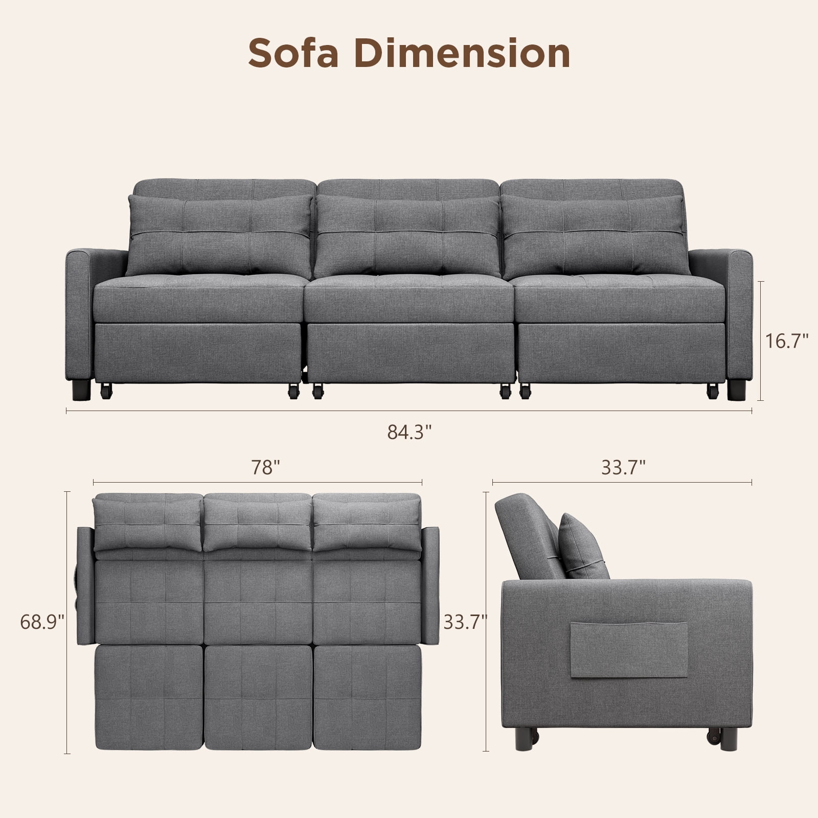 Asofer 3-in-1 Convertible Sleeper Sofa Bed, Adjustable Futon Couch Recliner with Metal Frame for Living Room, Home & Office - Dark Gray