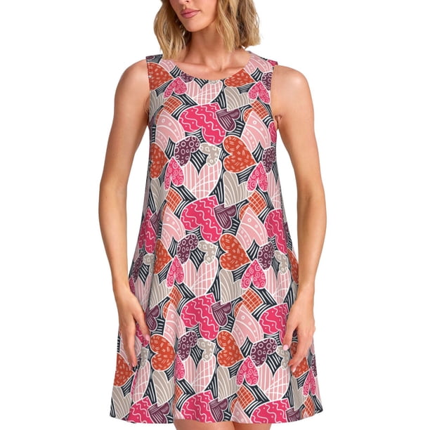 Fotbe Hearts for Valentines day Vestido de Verano sin Mangas para Mujer – Vestido Midi Línea A, Estilo Camiseta Floral, Vestido Playero Casual y Fluido