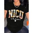 thumbnail image 1 of Casual Black "NICU Crew" Graphic Tee - Soft Polyester Blend, Short Sleeve, Round Neck, Stylish Floral & Heart Accents for Summer, 1 of 5