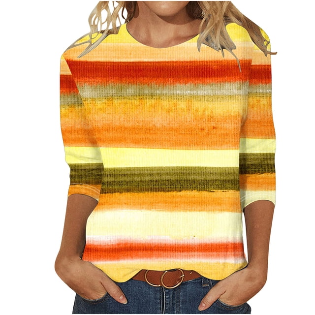 Chemises Blanches à Manches 3/4 pour Femmes Hauts à Manches 3/4 pour Femmes T-Shirts Graphiques à Rayures Pailletées T-Shirts Décontractés à Col Rond Blouses Habillées Amples pour Porter avec des Leggings