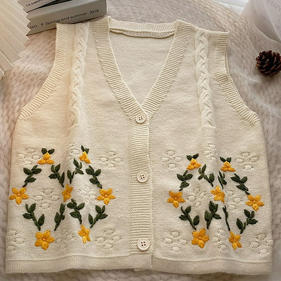 TMOYZQ Womens Sweater Vest Vintage Hollow-Out Crochet Knit Sleeveless Vest Waistcoat Button Up Floral Loose Crop Cardigan Top Cover up Crop Tops