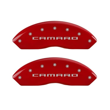 MGP 4 Caliper Covers Engraved Front Gen 5/Camaro Engraved Rear Gen 5/RS Red finish silver ch Fits select: 2017 CHEVROLET CAMARO LS/LT, 2018 CHEVROLET CAMARO LT