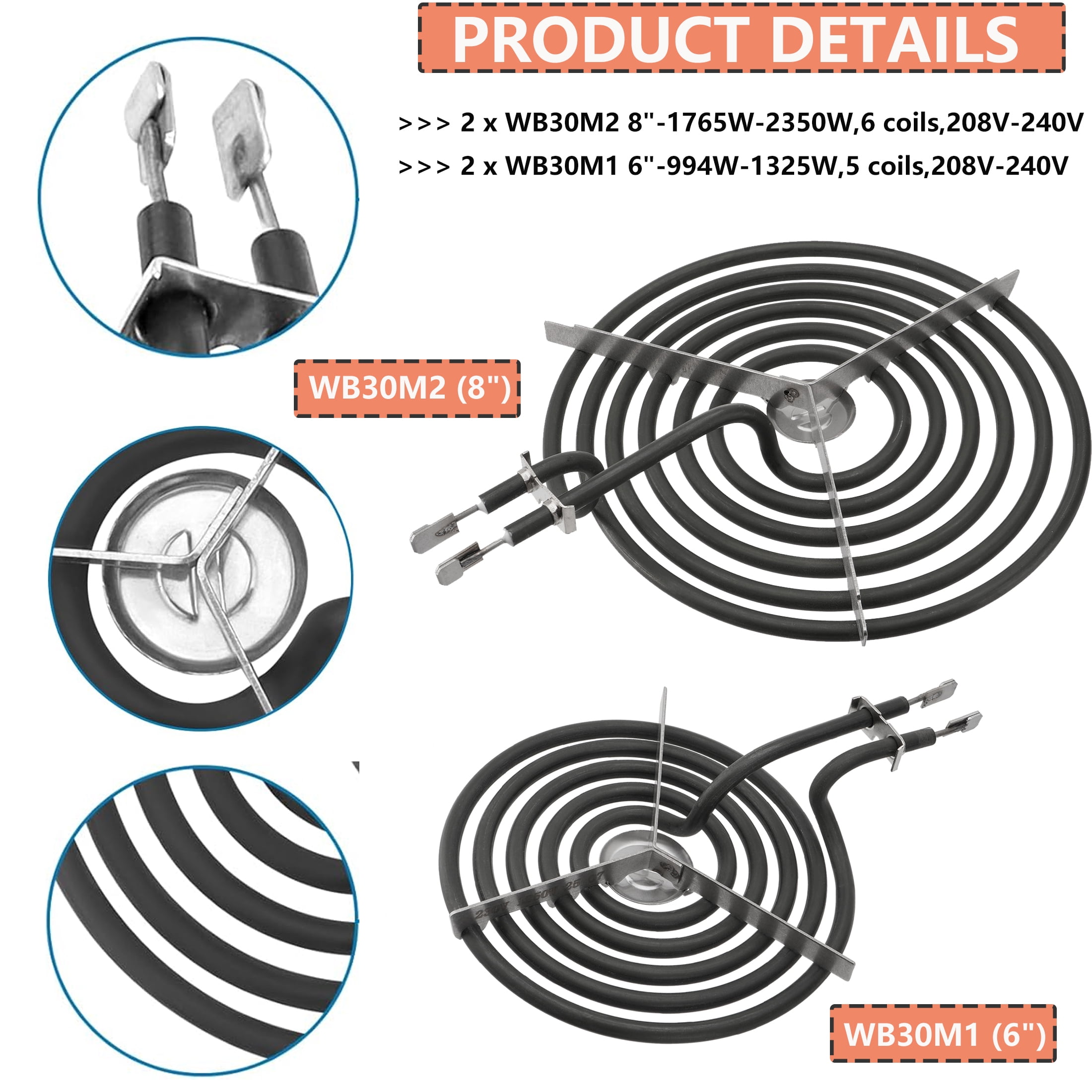 WB30M1 and WB30M2 Electric Stove Burner Element Replacement Compatible with GE Hotpoint Electric Range Stove - 2 * 8" and 2 * 6"
