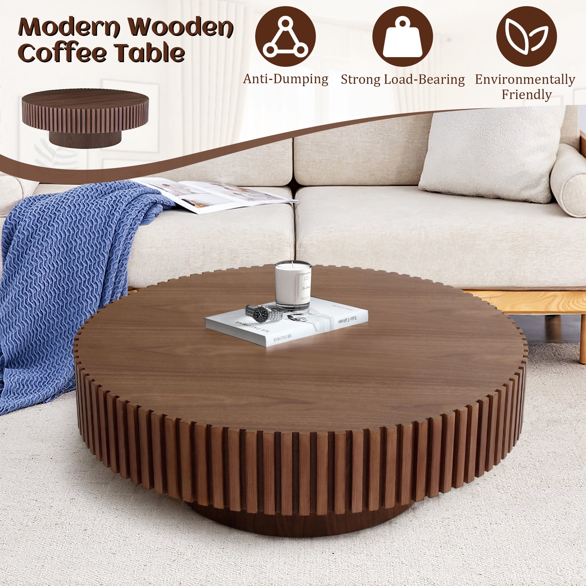 FFH 31.5" Round Coffee Table for Living Room,Rustic Modern Coffee Table with Sturdy Pedestal,Nature Wood Handcraft Corner Coffee Table,Circle Side Table Centre Table for Apartment,Walnut