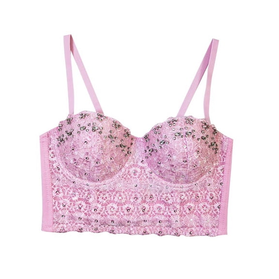 Xijirk Tank Tops Elegant Lace Camisole Rhinestone Beaded Crop Top Corset Fishbone Bustier For Fashionable Layering Camisole Tops for Women,Pink,90