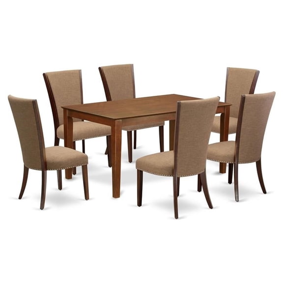 East West Furniture East-West Furniture DUVE7-MAH-47 - A dining room table set of 6 wonderful dining room chairs with Linen Fabric Light Sable color and a gorgeous dinner table in Mahogany Finish