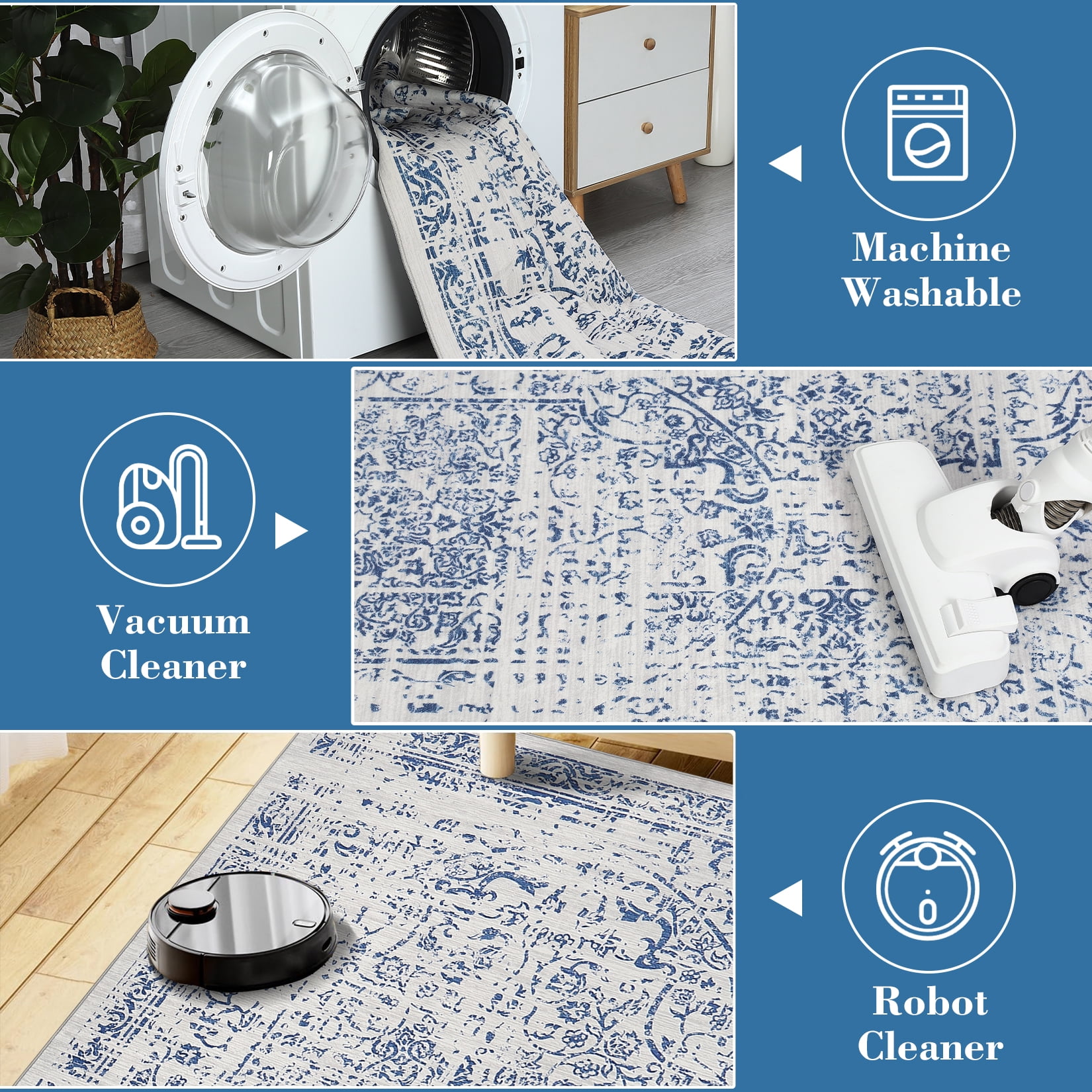 Hasoo 2' x 6' Runner Rug for Hallway Boho Vintage Rug Non Slip Floral Indoor Carpet, Blue