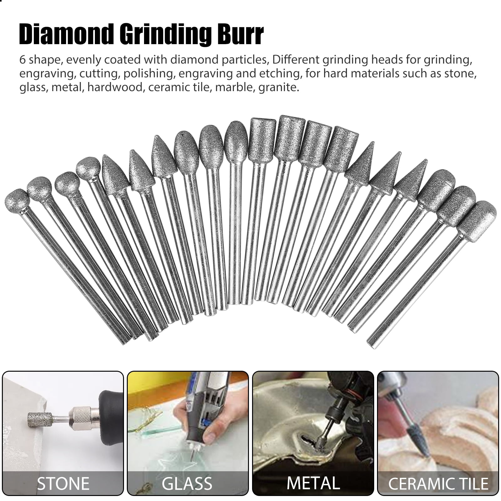 1/8 inch Shank Rock Carving and Engraving Bits for Glass 60 Grit Rotary Diamond Grinding Bit Sets Rocks Ceramics Gemstone Metal 
