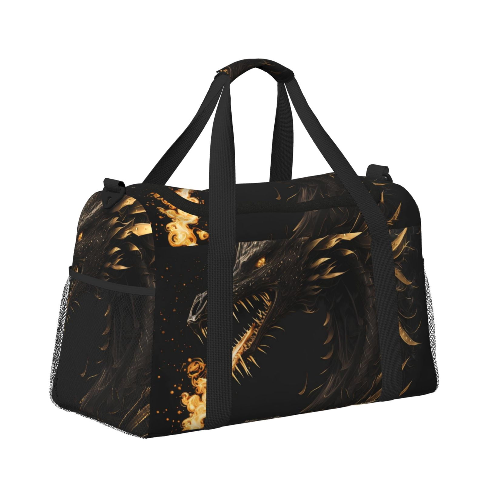 Fuzoiu Black And Gold Fire Dragon Print Travel Duffle Bag,Carry On Tote Bags,Duffel Bag,Sport Gym Bag, Hospital Bag for Labor and Delivery, Overnight Bag,Luggage Bag