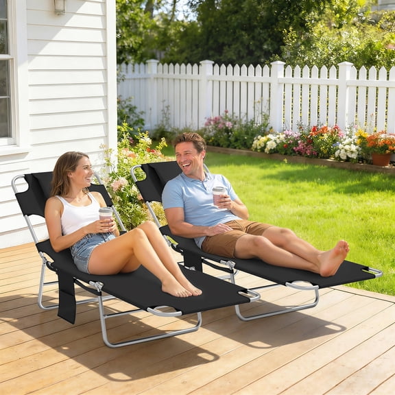 Outsunny Folding Beach Lounge Chair Set of 2 with Face Hole and Arm Slots, 5-level Adjustable Sun Lounger Tanning Chair with Pillow, Black