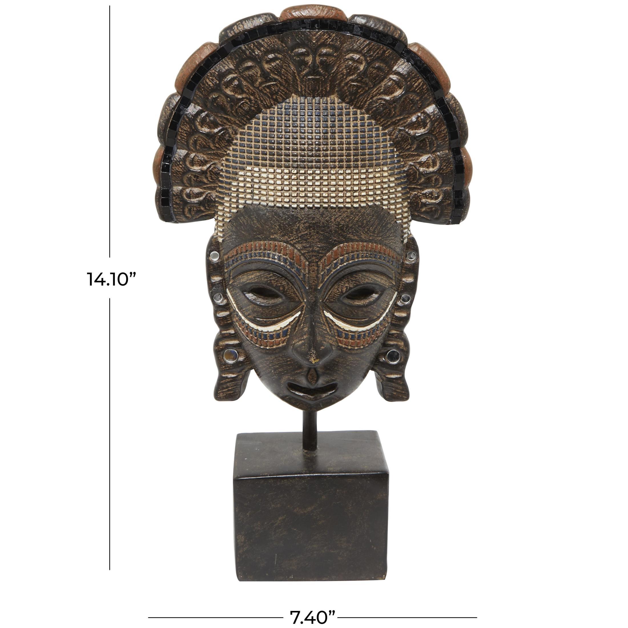 7" x 14" Brown Polystone African Tribal Mask Sculpture with Rust and Navy Carvings and Block Base, by DecMode