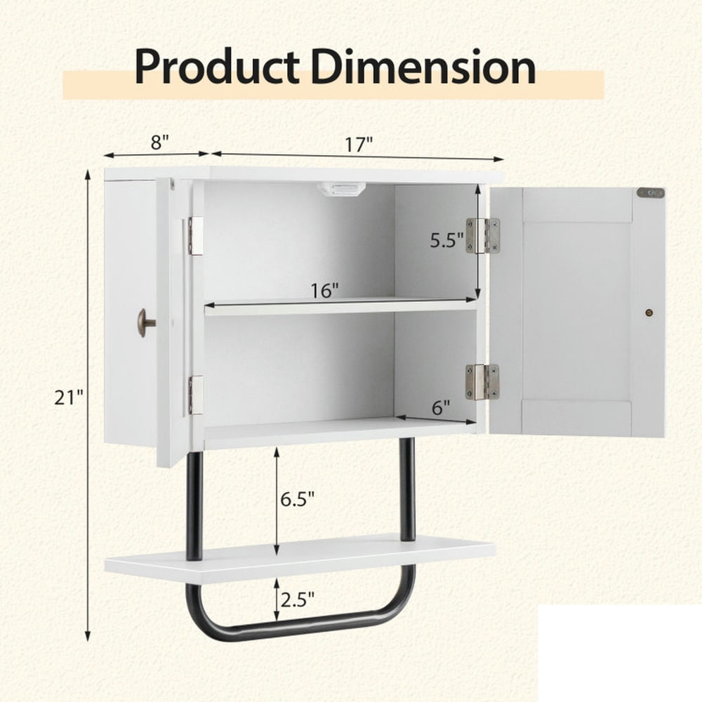 Finihen Wall Cabinet, Wall Mounted Bathroom Cabinet, Medicine Cabinet, 2-Door Bathroom Wall-Mounted Medicine Cabinet with Open Shelf and Towel Rack, for Bathroom, White