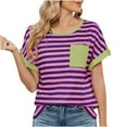 thumbnail image 1 of Liquidation! T-Shirt Grande Taille pour Femmes, Blouse à Manches Courtes d'Été pour Femmes, Nouveau Pull à Col Rond à Manches Courtes avec Poche Rayée Décontracté pour Femmes, 1 of 4