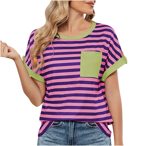 mfyjkho Tops Para Hacer Ejercicio Para Mujer, Suéter Informal De Manga Corta Con Cuello Redondo Y Bolsillos A Rayas Para Mujer Tops Para Salir Para Mujer M